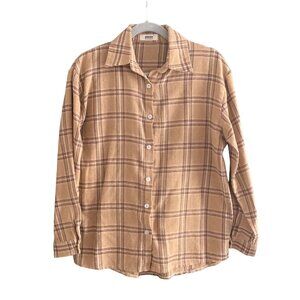 Women Weiyan Brown White Plaid Gauze Long Sleeve Shirt Buisness Casual